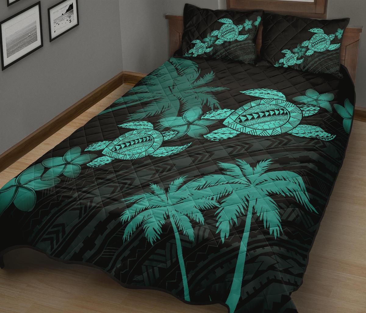 Hawaii Turtle Plumeria Coconut Tree Polynesian Quilt Bed Set - Turquoise - Polynesian Pride