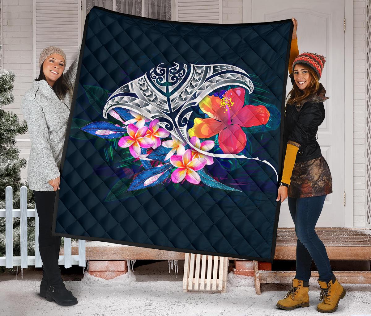 Polynesian Premium Quilt - Manta Ray And Hibiscus - Polynesian Pride
