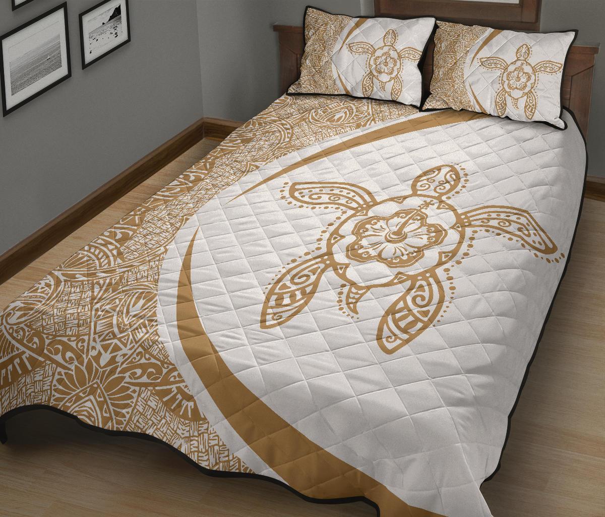 Hawaiian Polynesian Turtle Quilt Bed Set - Circle Style Gold And White - Polynesian Pride