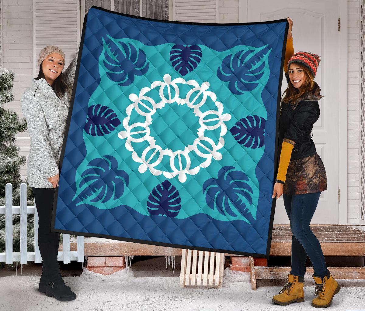 Hawaiian Turtle Coconut Pattern Premium Quilt - Indigo - Argu Style - AH - Polynesian Pride