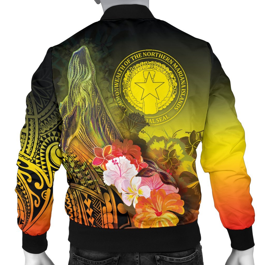 CNMI Custom Personalised Men's Bomber Jacket - Humpback Whale with Tropical Flowers (Yellow) - Polynesian Pride
