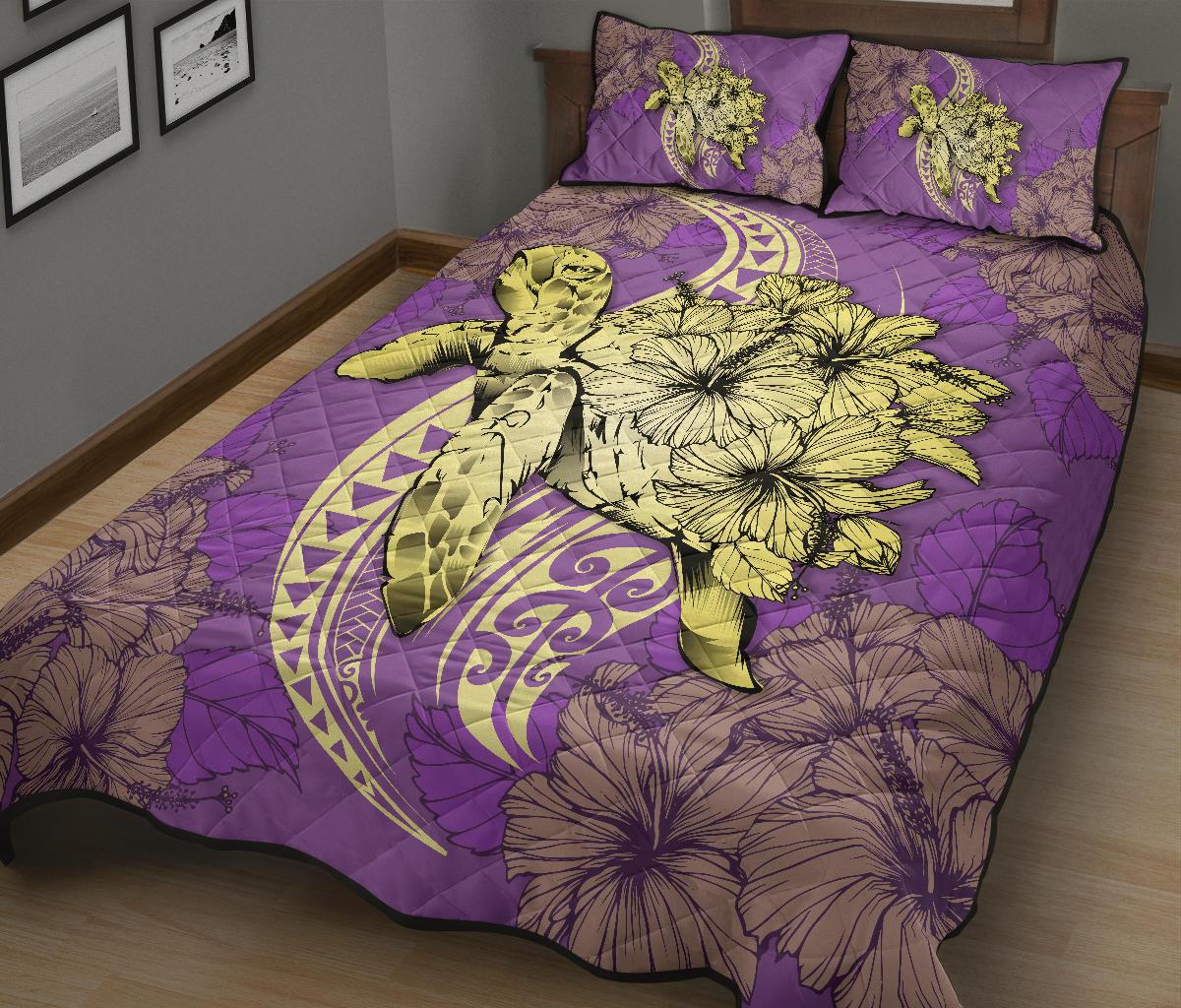 Hawaii Polynesian Turtle Hibiscus Quilt Bed Set - Yellow - Polynesian Pride