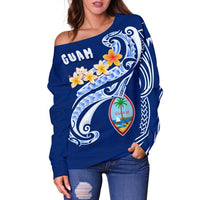 Guam Women's Off Shoulder Sweater - Guam Seal Polynesian Patterns Plumeria (Blue) - Polynesian Pride