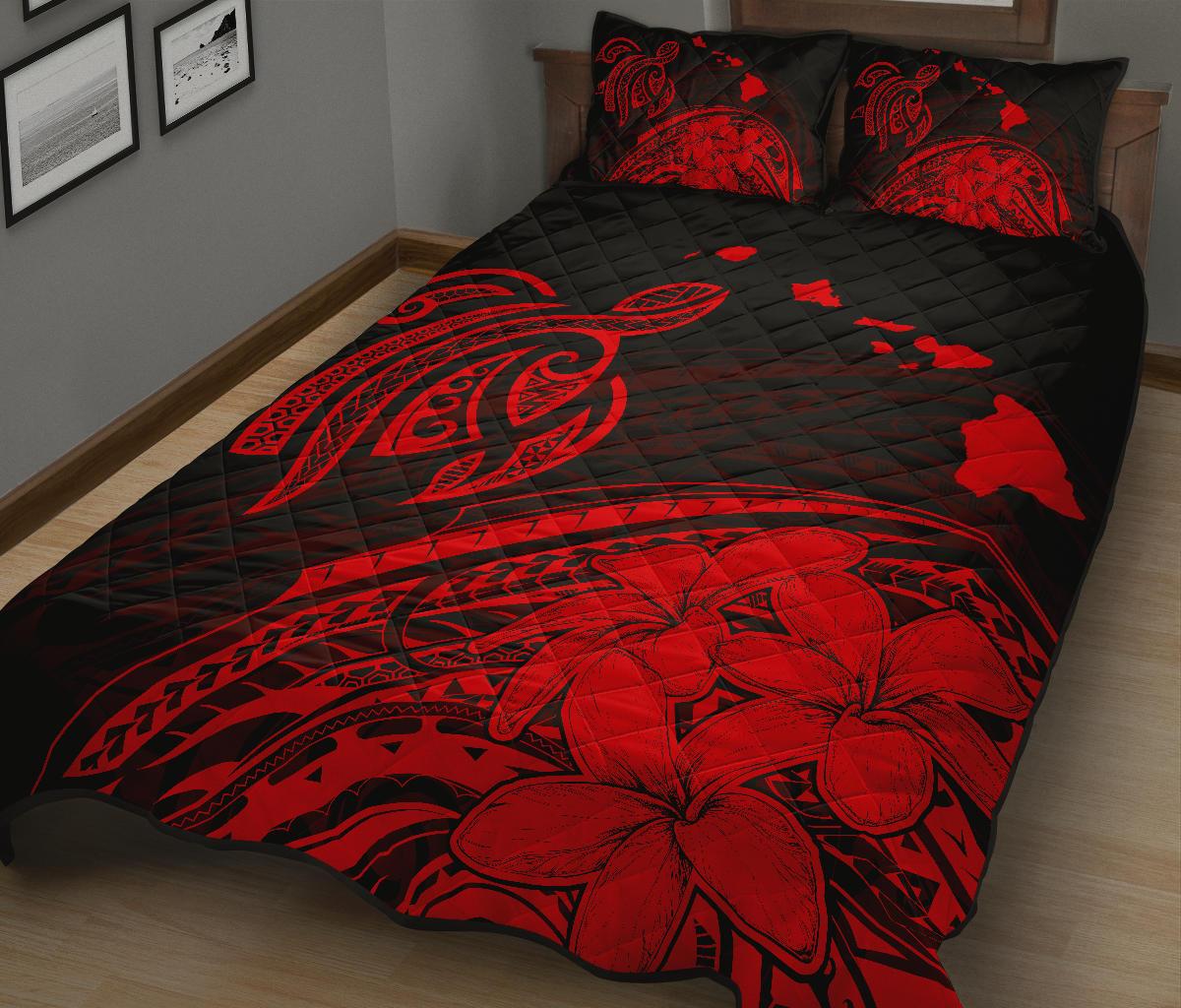 Hawaii Quilt Bed Set - Turtle Polynesian Map Plumeria Red - Polynesian Pride