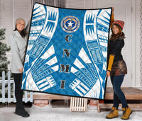 Northern Mariana Islands Premium Quilt - Northern Mariana Islands Seal Polynesian White Tattoo (Blue) - Polynesian Pride