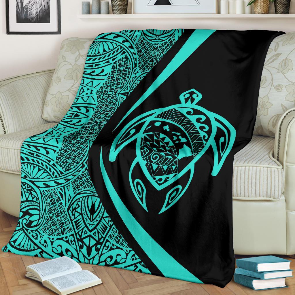 Hawaii Turtle Map Polynesian Premium Blanket - Turquoise - Circle Style - Polynesian Pride