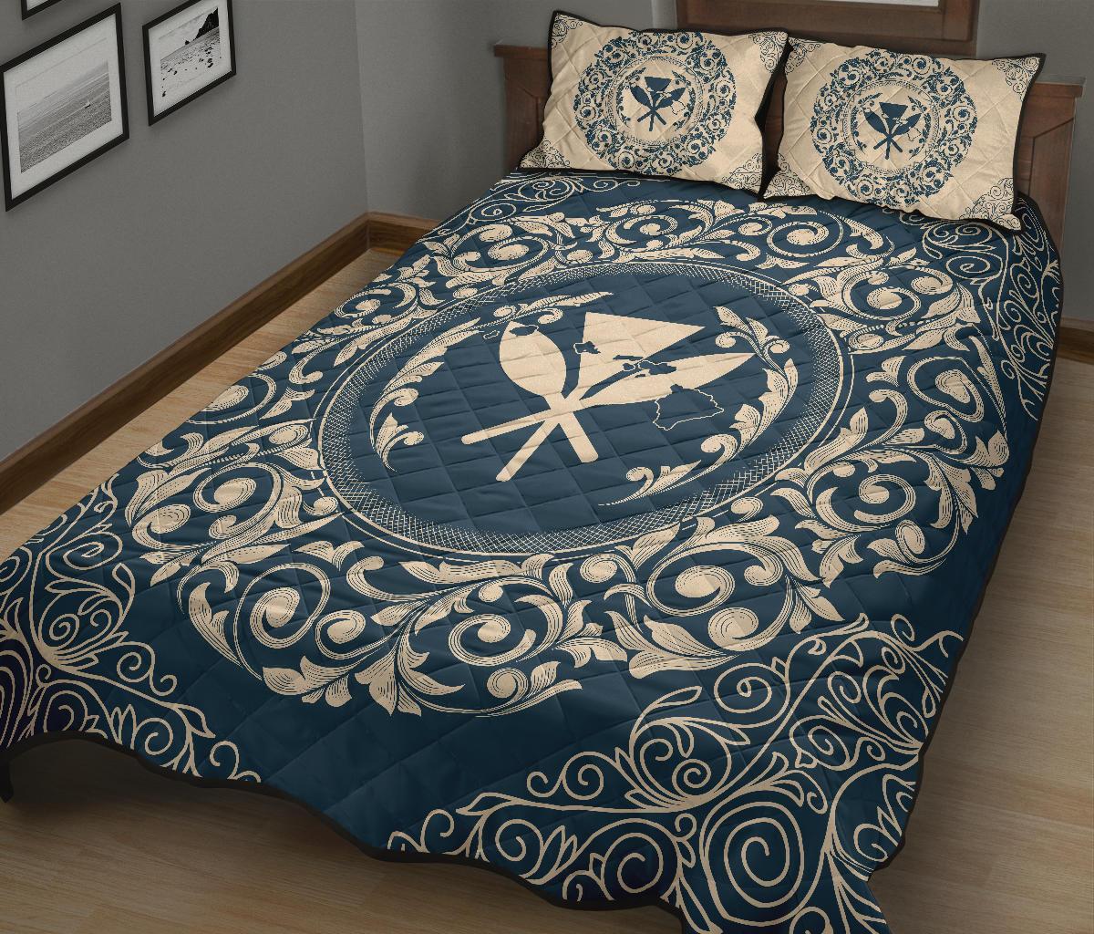 Hawaii Vintage Tribal Map Kanaka Quilt Bed Set - AH - Blue - Polynesian Pride