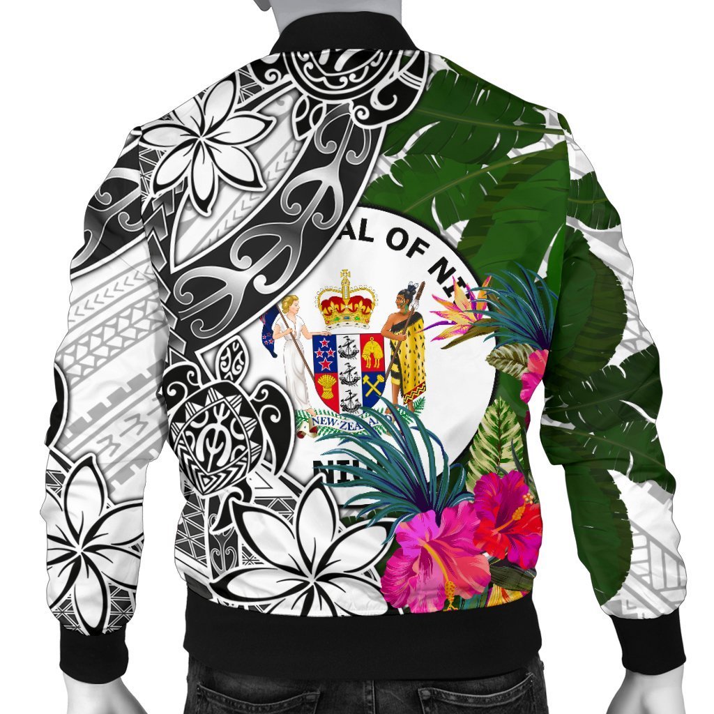 Niue Custom Personalised Men's Bomber Jacket White - Turtle Plumeria Banana Leaf - Polynesian Pride