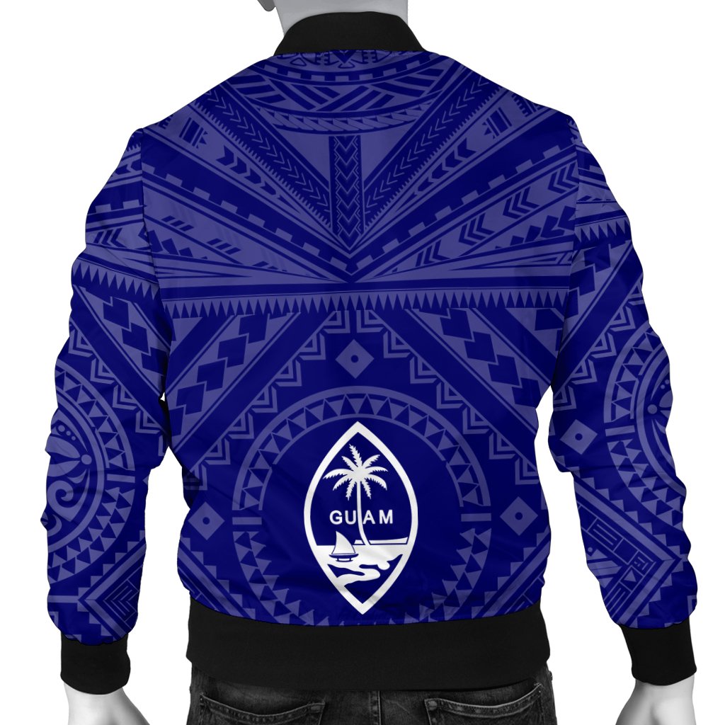 Guam Personalised Men's Bomber Jacket - Guam Seal With Polynesian Tattoo Style (Blue) - Polynesian Pride