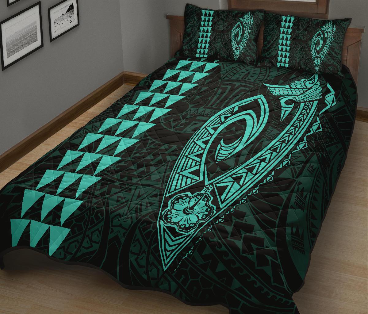 Hawaii Kakau Makau Fish Hook Polynesian Quilt Bed Set - Turquoise - Polynesian Pride