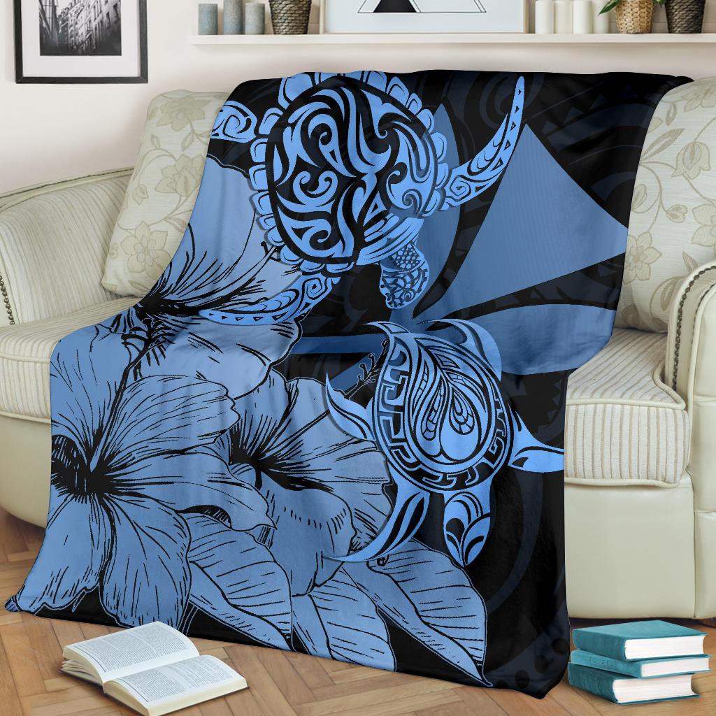 Hawaii Turtle Premium Blanket Polynesian Hibiscus Art Ver 2.0 Blue AH - Polynesian Pride