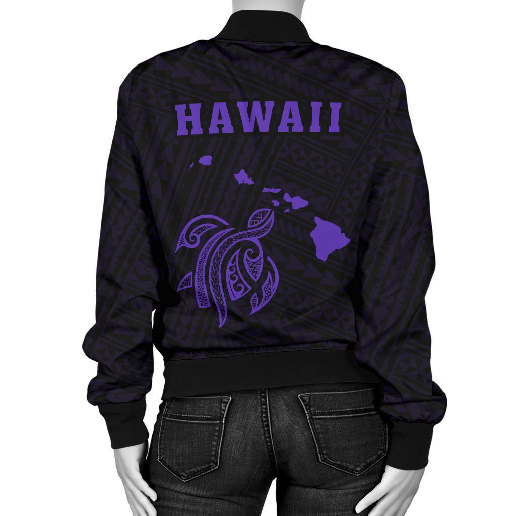 Hawaii Kakau Polynesian Turtle Map Women's Bomber Jacket - Purple - Polynesian Pride