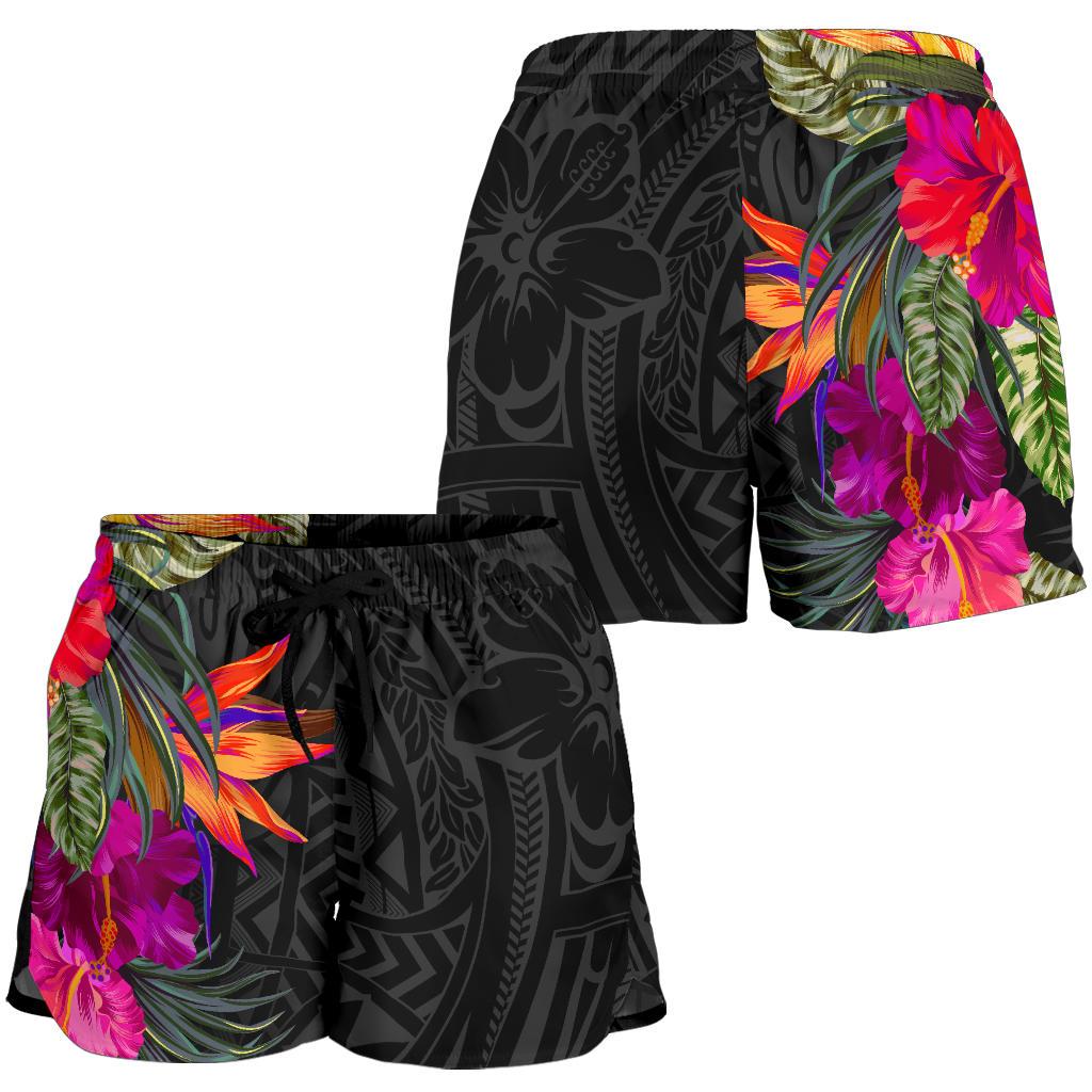 Polynesian All Over Print Women's Shorts - Hibiscus Pattern Women Black - Polynesian Pride