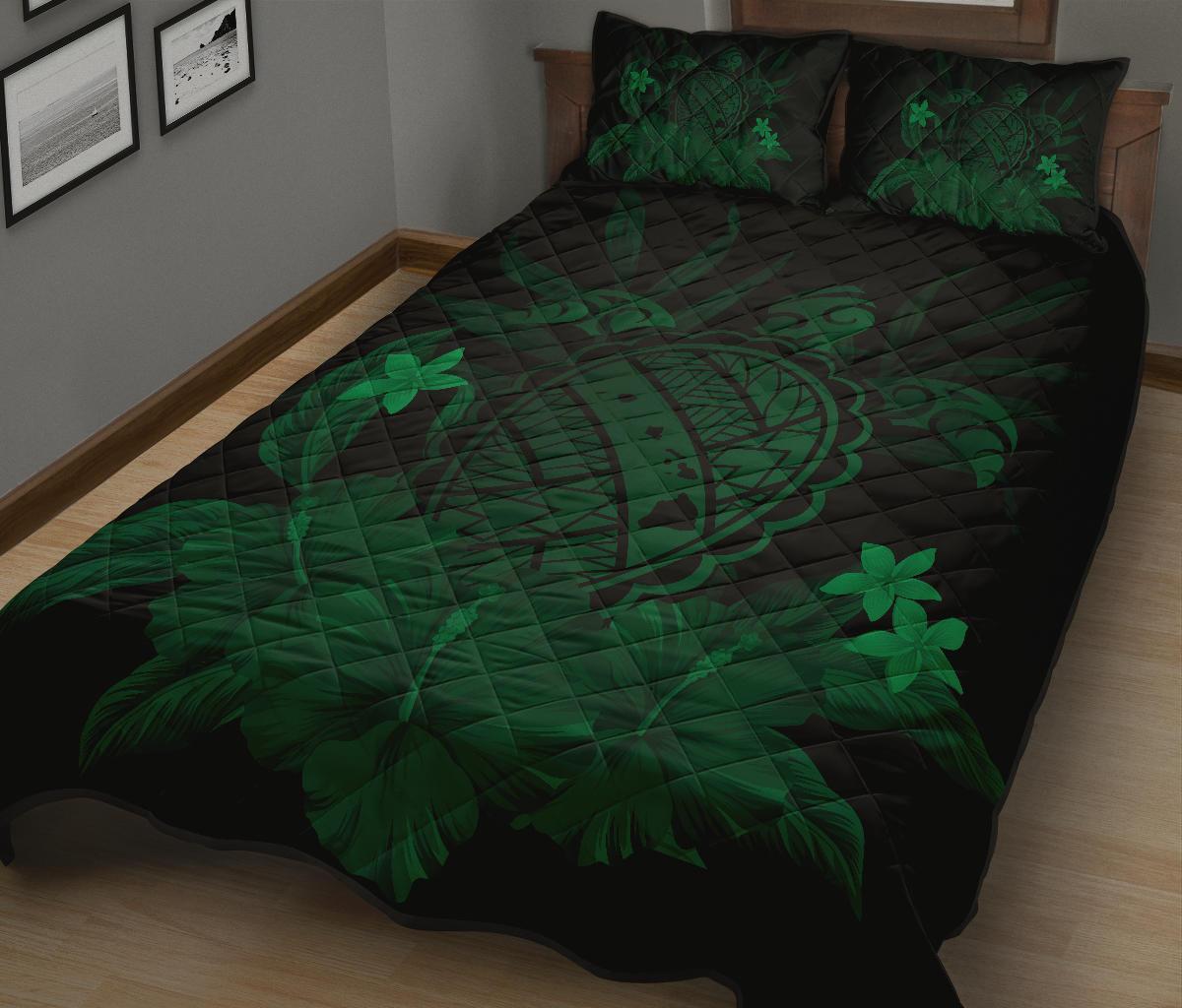 Hawaii Turtle Map Hibiscus Quilt Bed Set - Green - Polynesian Pride