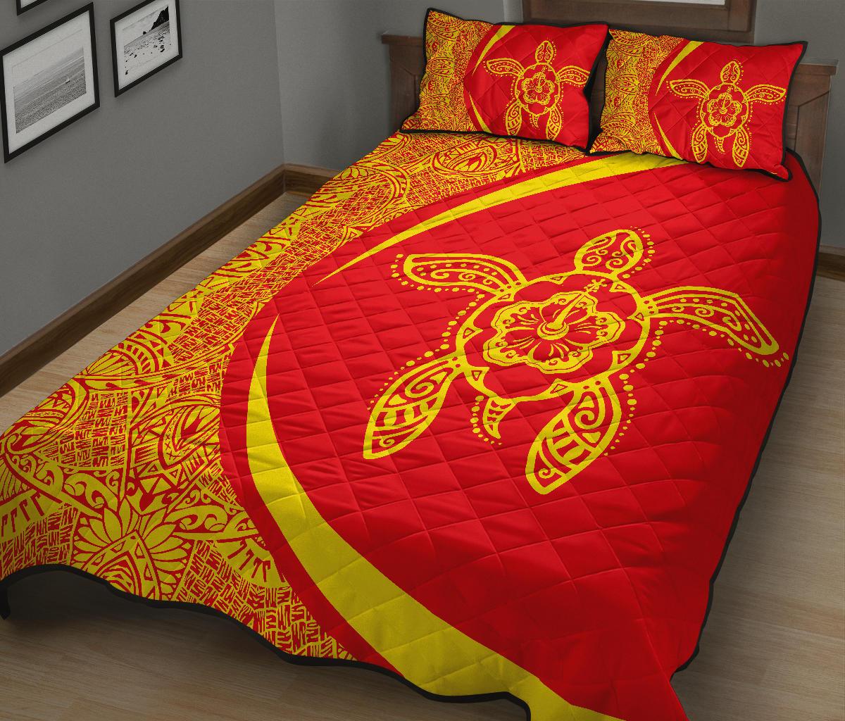 Hawaii Quilt Bed Set Turtle Polynesian - Circle Style Red And Yellow - Polynesian Pride