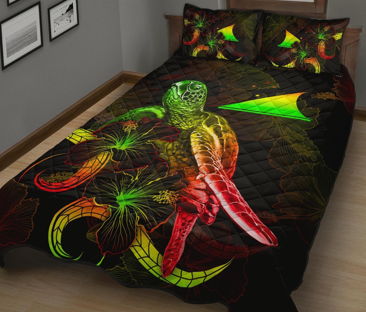 Tokelau Polynesian Quilt Bed Set - Turtle With Blooming Hibiscus Reggae - Polynesian Pride