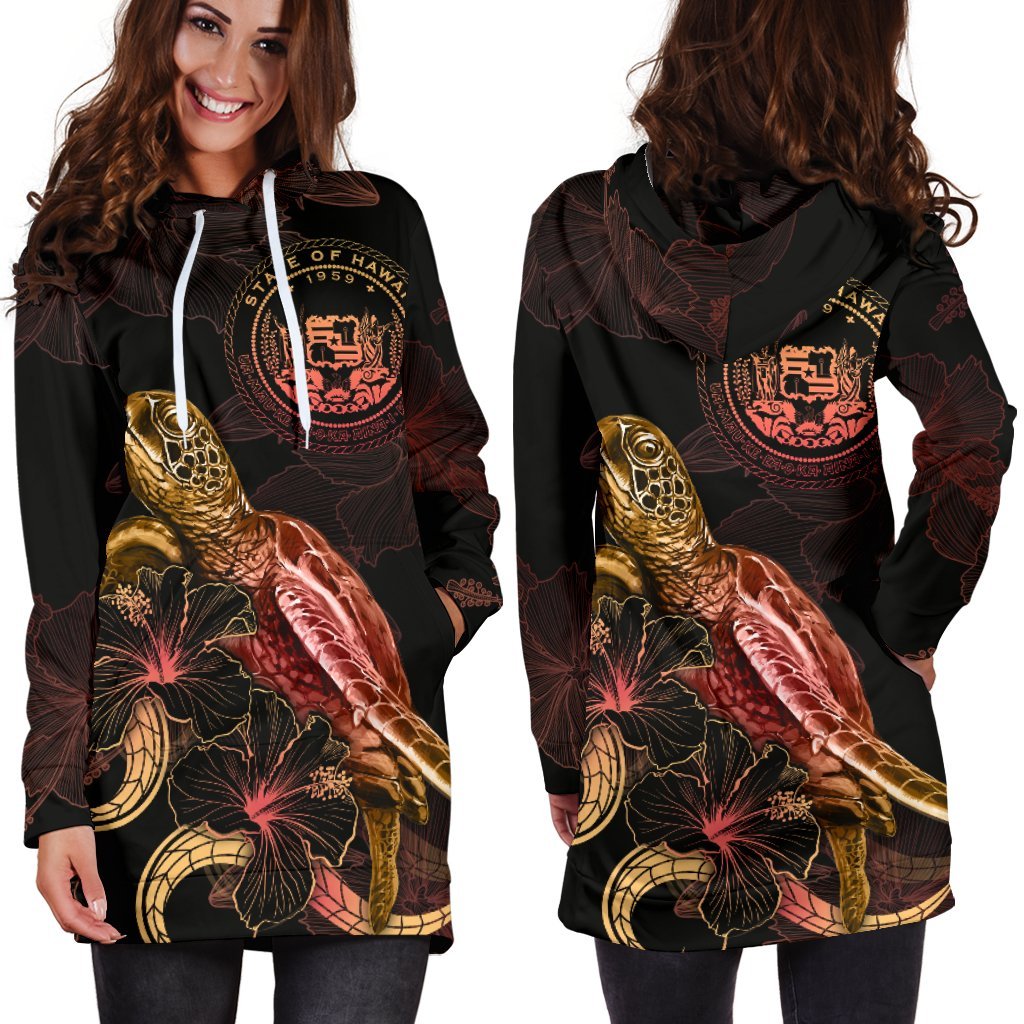 Hawaii Polynesian Hoodie Dress - Turtle With Blooming Hibiscus Gold - Polynesian Pride