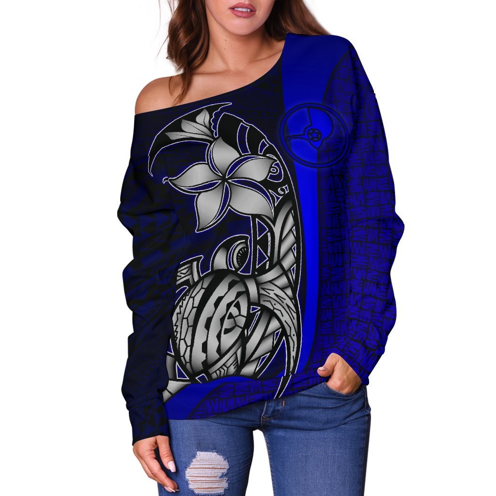 Yap Micronesia Women Off Shoulder Sweater Blue - Turtle With Hook - Polynesian Pride