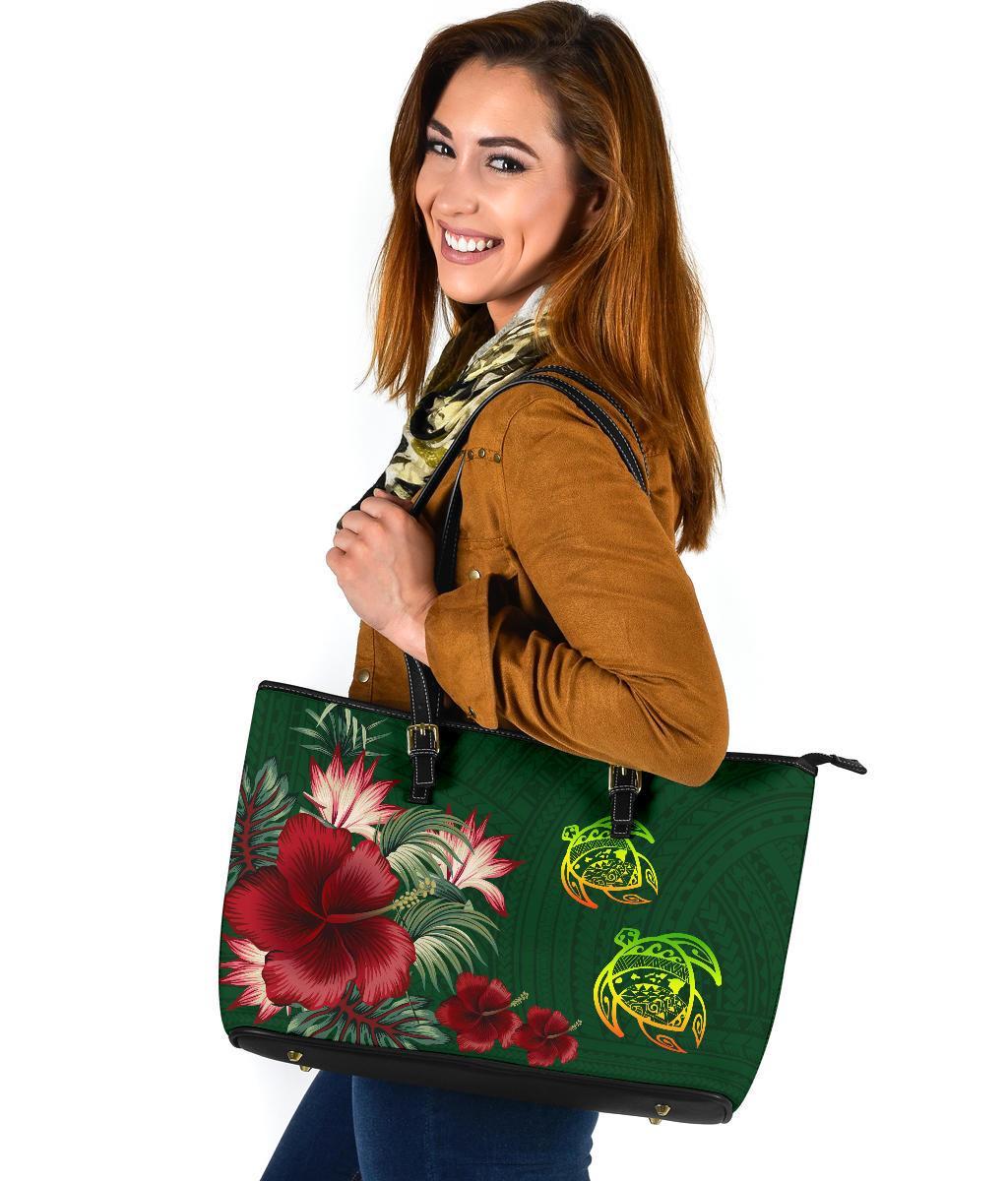Hawaii Large Leather Tote - Turtle Hibiscus Pattern Hawaiian Large Leather Tote - Green - Polynesian Pride
