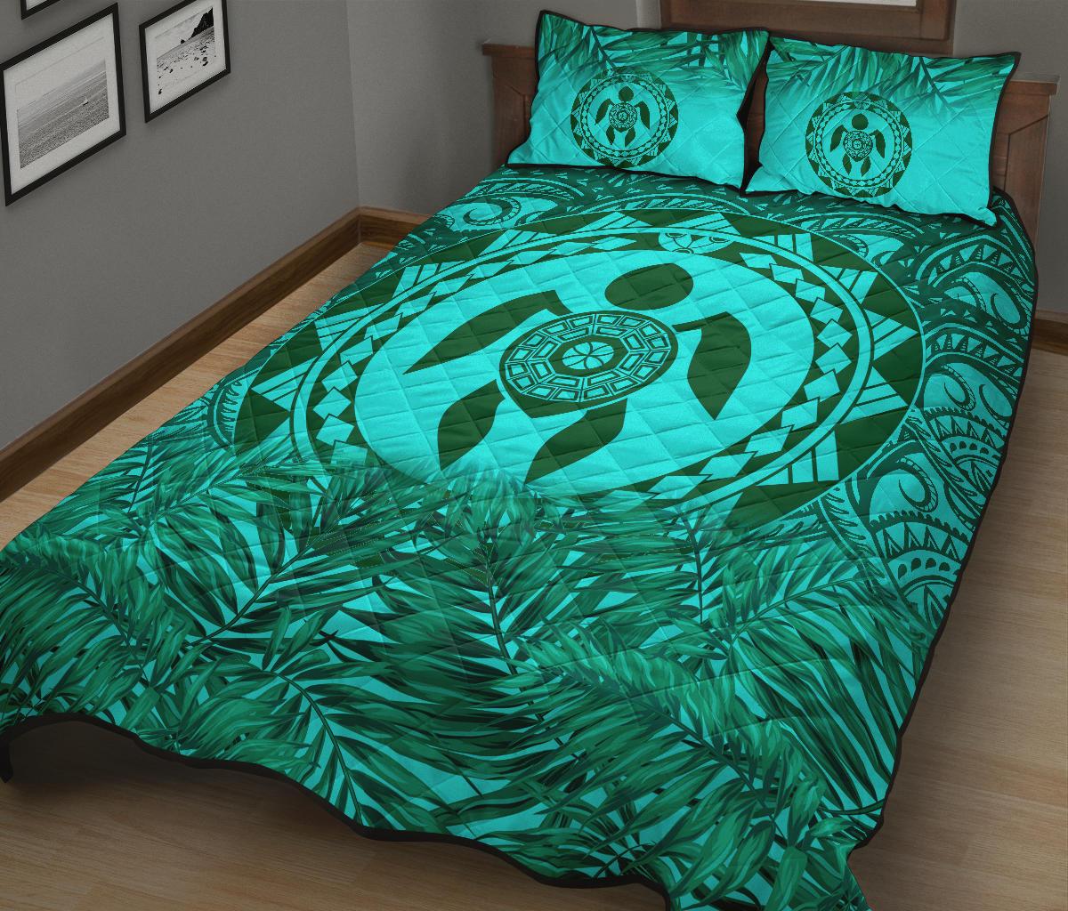 Polynesian Quilt Bed Set - Green Turtle Palm Torquoise Version - Polynesian Pride