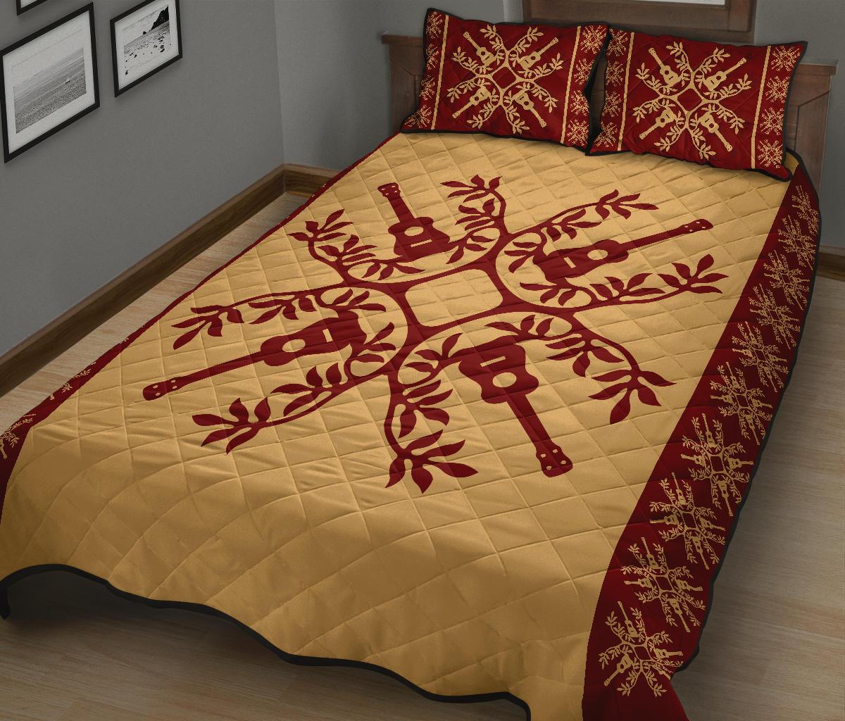 Hawaiian Quilt Pattern Guitar Quilt Bed Set - Polynesian Pride