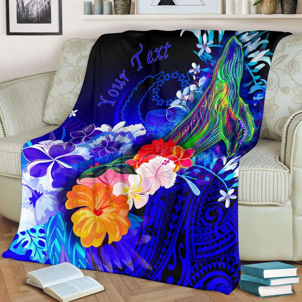 Pohnpei Custom Personalised Premium Blanket - Humpback Whale with Tropical Flowers (Blue) - Polynesian Pride