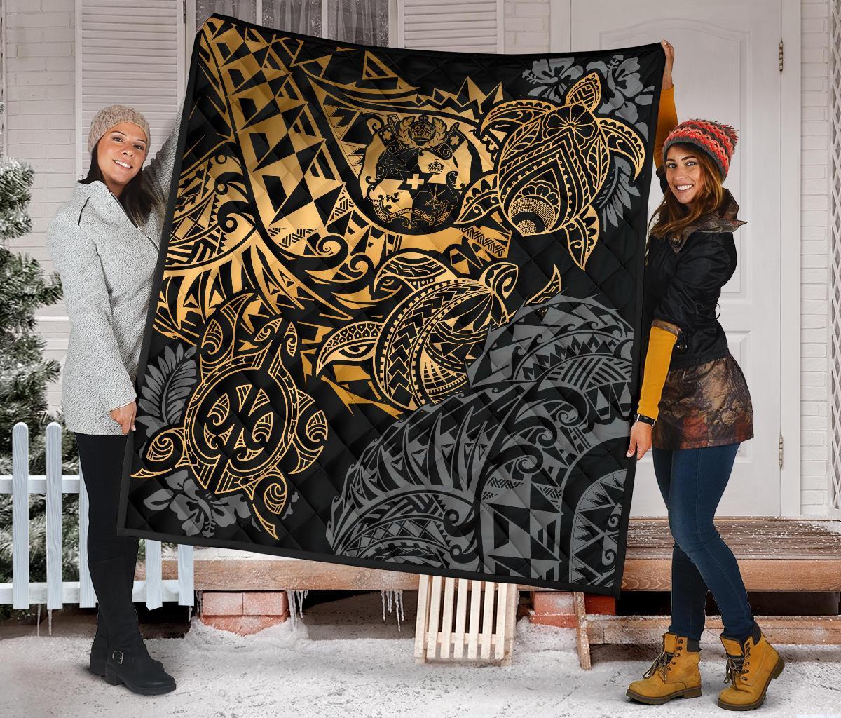 Tonga Polynesian Premium Quilt - Gold Turtle Flowing - Polynesian Pride