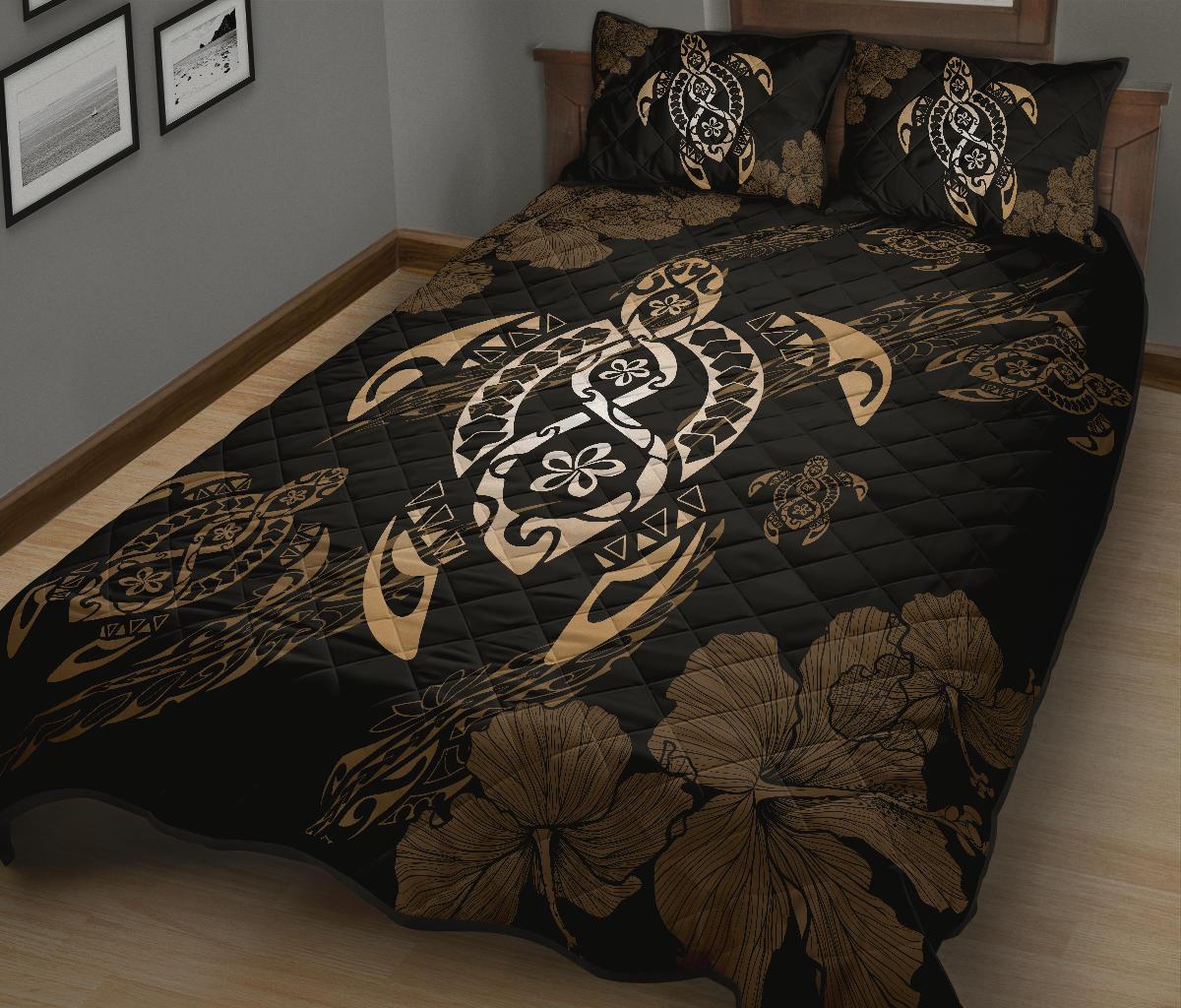 Hawaii Quilt Bed Set - Hawaii Polynesian Turtle Quilt Bed Set Flow Of Turtle Gold - Polynesian Pride