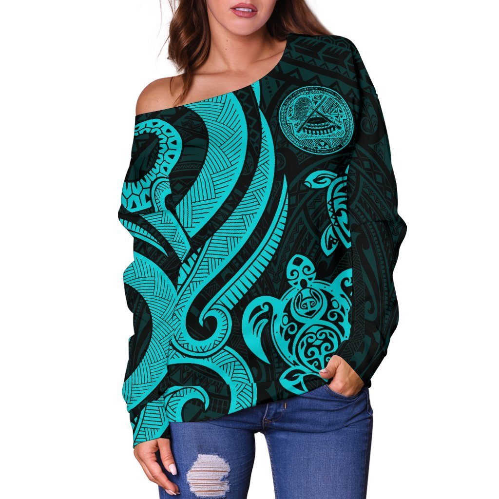 American Samoa Women's Off Shoulder Sweater - Turquoise Tentacle Turtle - Polynesian Pride