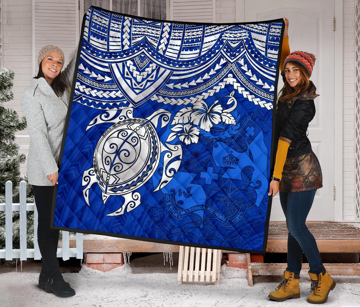 Tonga Polynesian Premium Quilts - Tonga Coat Of Arms & Blue Turtle Hibiscus - Polynesian Pride