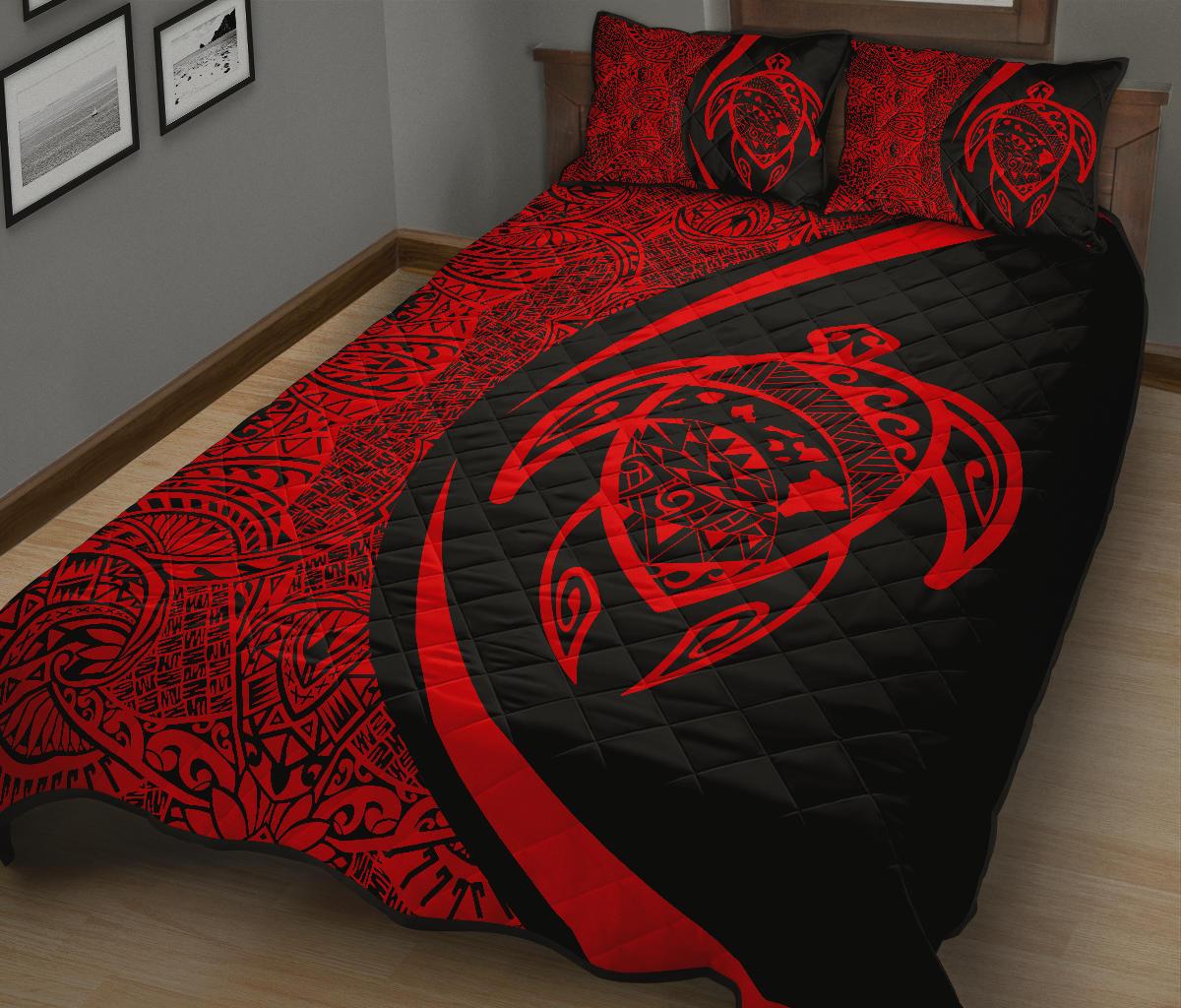 Hawaii Turtle Map Polynesian Quilt Bed Set - Red - Circle Style - Polynesian Pride