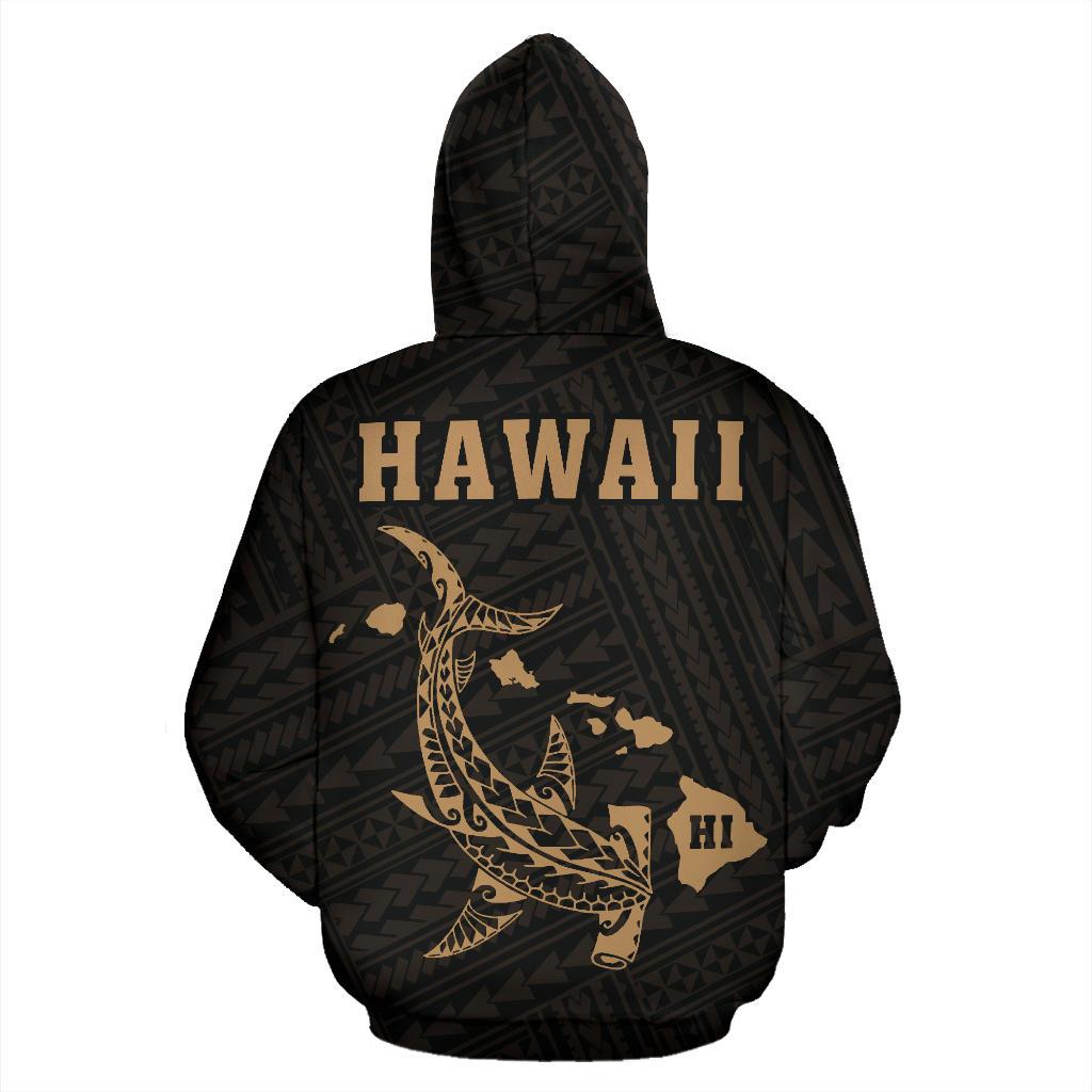 Polynesian Kakau Hammerhead Shark Map of Hawaii Hoodie Gold - Polynesian Pride