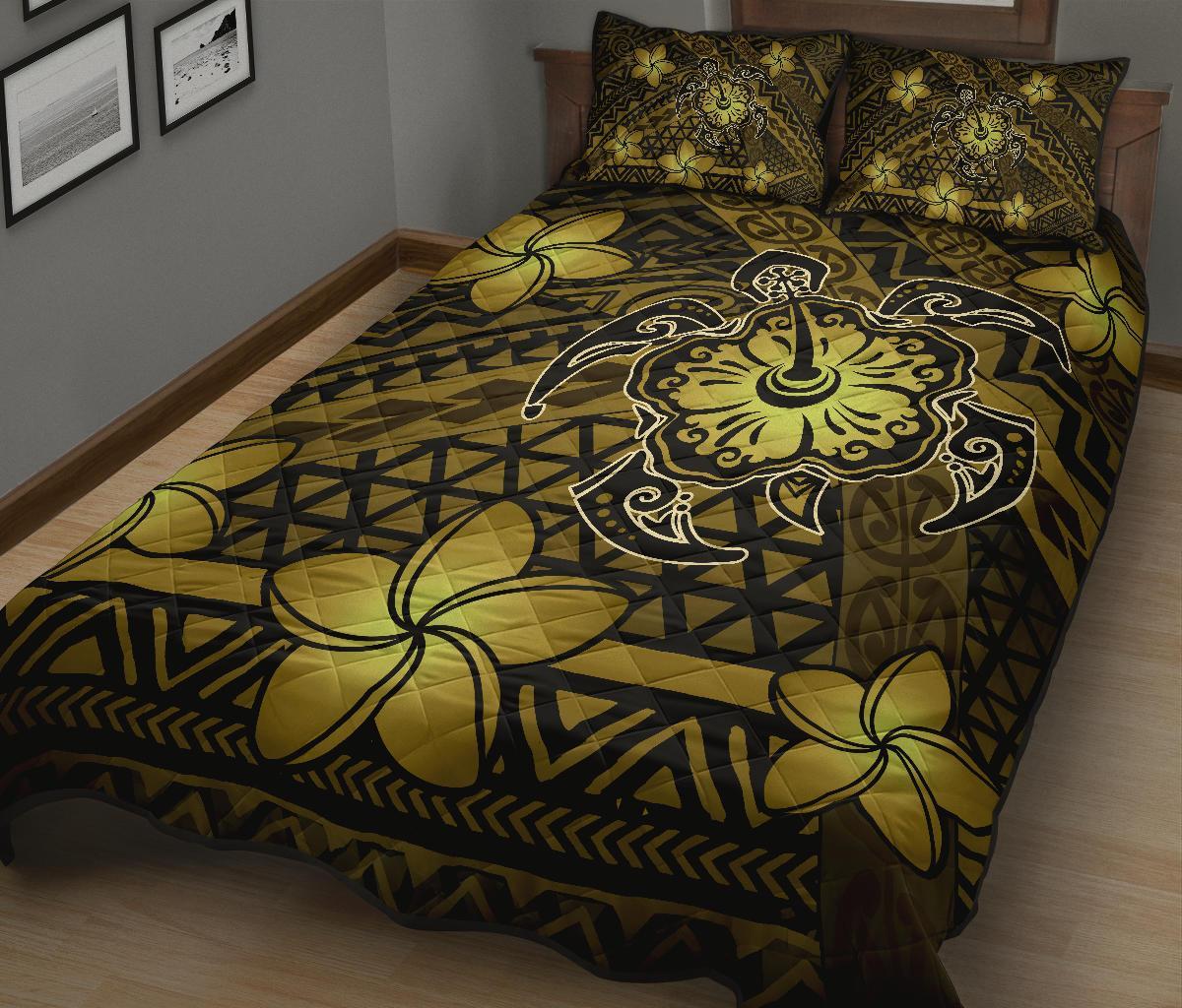 Hawaii Mix Polynesian Turtle Plumeria Quilt Bed Set - AH - Nick Style - Yellow - Polynesian Pride