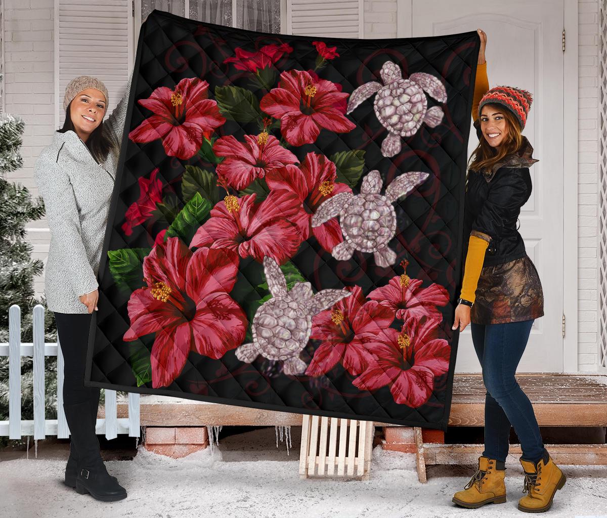 Hawaii Red Hibiscus Turtle Premium Quilt - AH - Ray Style - Polynesian Pride