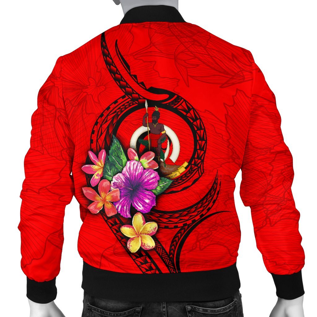 Vanuatu Polynesian Custom Personalised Men's Bomber Jacket - Floral With Seal Red - Polynesian Pride