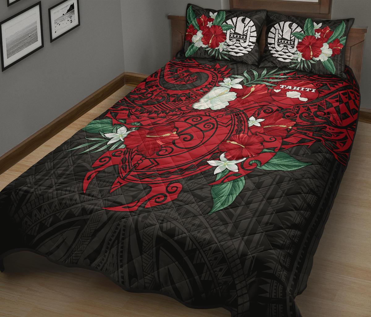 Tahiti Polynesian Quilt Bed Set - Hibiscus and Sea Turtle (Red) - Polynesian Pride