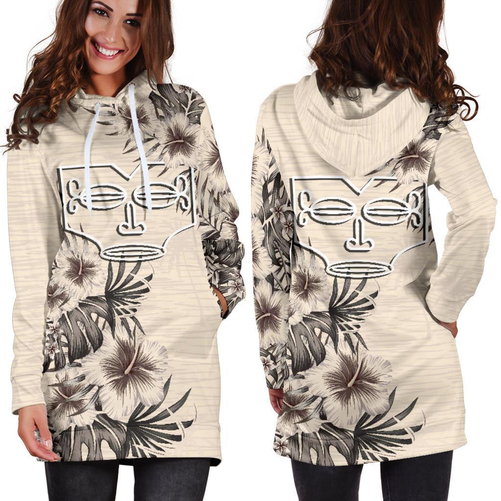 Marquesas Islands Hoodie Dress - Marquesas Islands Tiki Face & Beige Hibiscus - Polynesian Pride