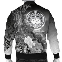 Samoa Men's Bomber Jacket - Humpback Whale with Tropical Flowers (White) - Polynesian Pride