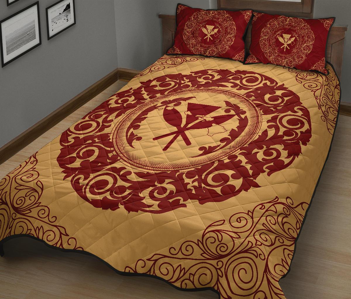 Hawaii Map Classic Floral Quilt Bed Set Red - Polynesian Pride