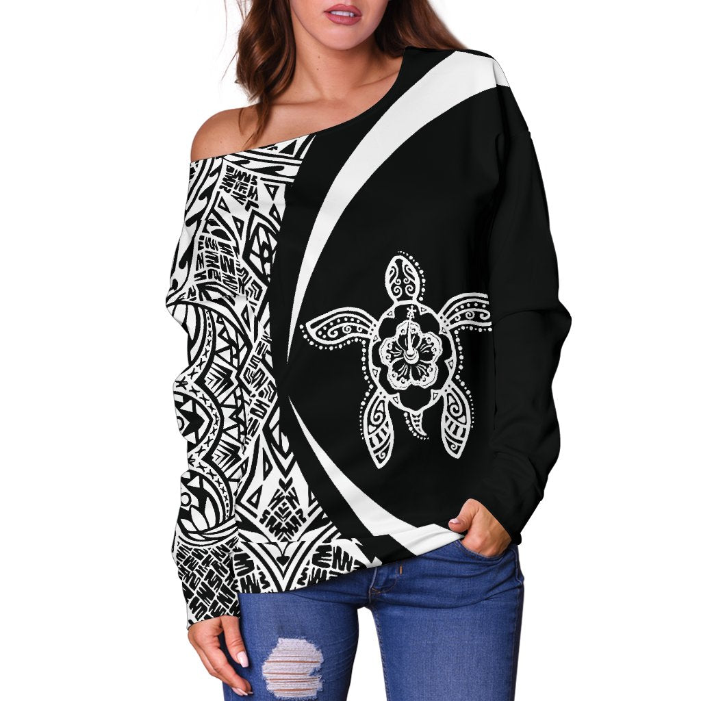 Hawaii Turtle Polynesian Women's Off Shoulder Sweater - Circle Style - AH - Whitle - Polynesian Pride