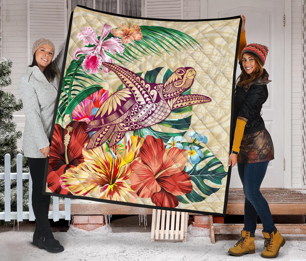 Hawaii Tropical Hibiscus Plumeria Turtle Beige Premium Quilt - Polynesian Pride