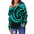 New Zealand Maori Mangopare Women Off Shoulder Sweater Polynesian - Turquoise - Polynesian Pride