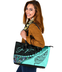 (Signature Custom) Paua Shell, Maori Silver Fern Leather Tote Bag, Turquoise - Polynesian Pride