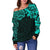 New Zealand Women's Off Shoulder Sweater, Maori Polynesian Tattoo Turquoise - Polynesian Pride