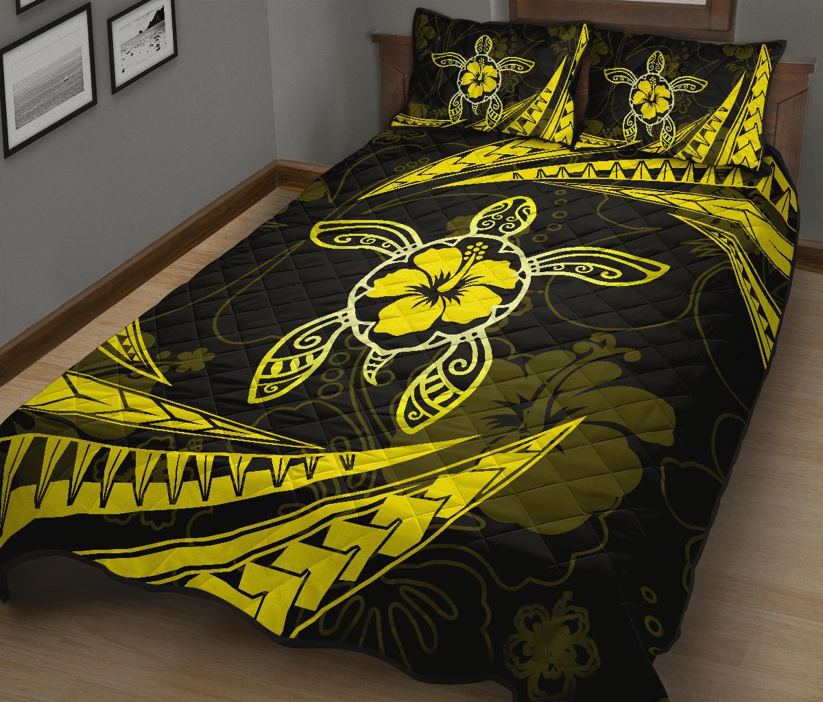 Hawaii Quilt Bed Set - Hibiscus Turtle Tribal Waves Yellow - Polynesian Pride