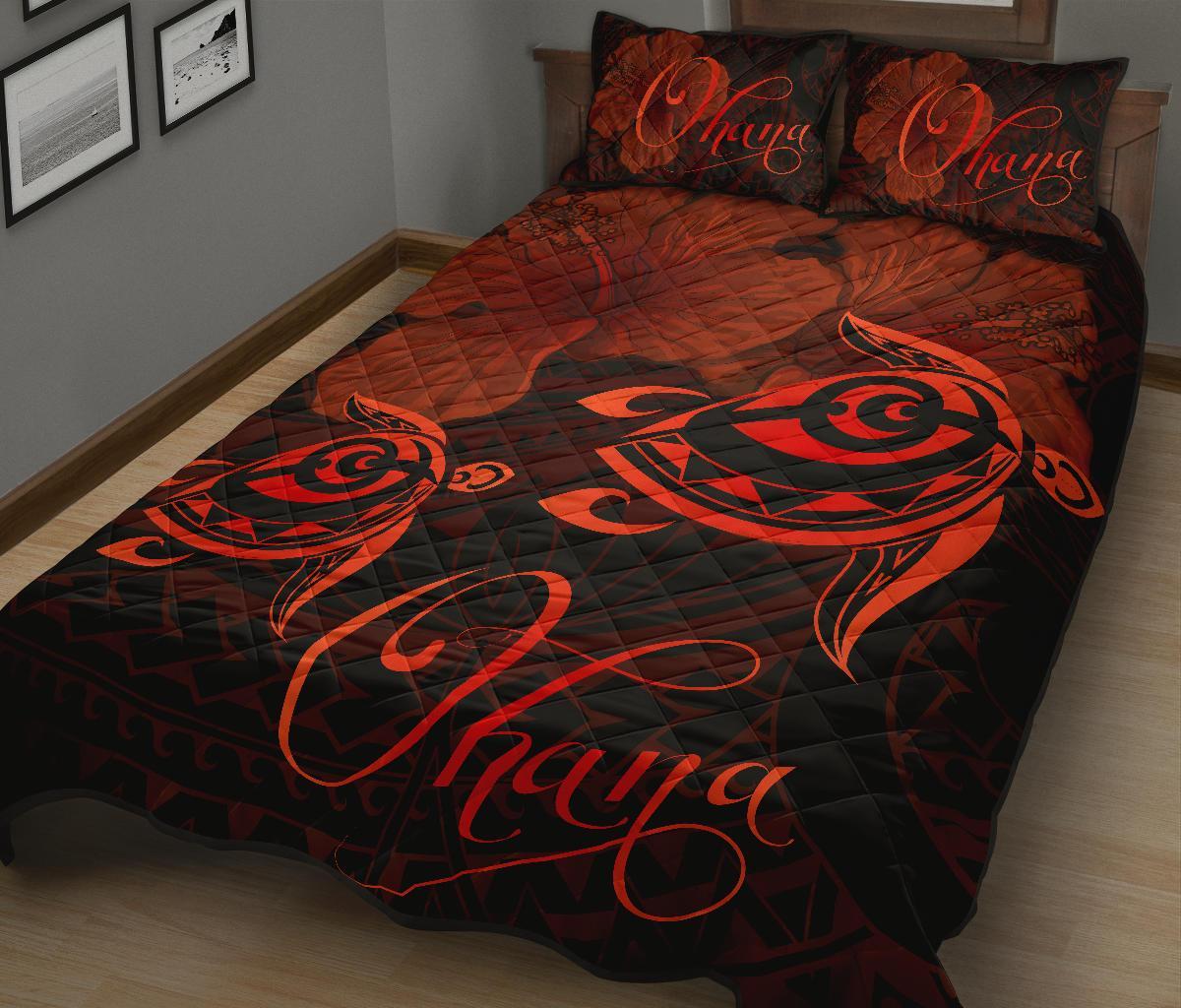 Hawaii Turtle Ohana Hibiscus Poly Quilt Bed Set Red - Polynesian Pride