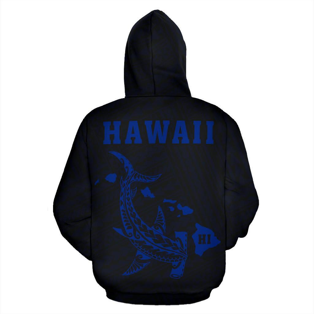Polynesian Kakau Hammerhead Shark Map of Hawaii Zip Hoodie Blue - Polynesian Pride