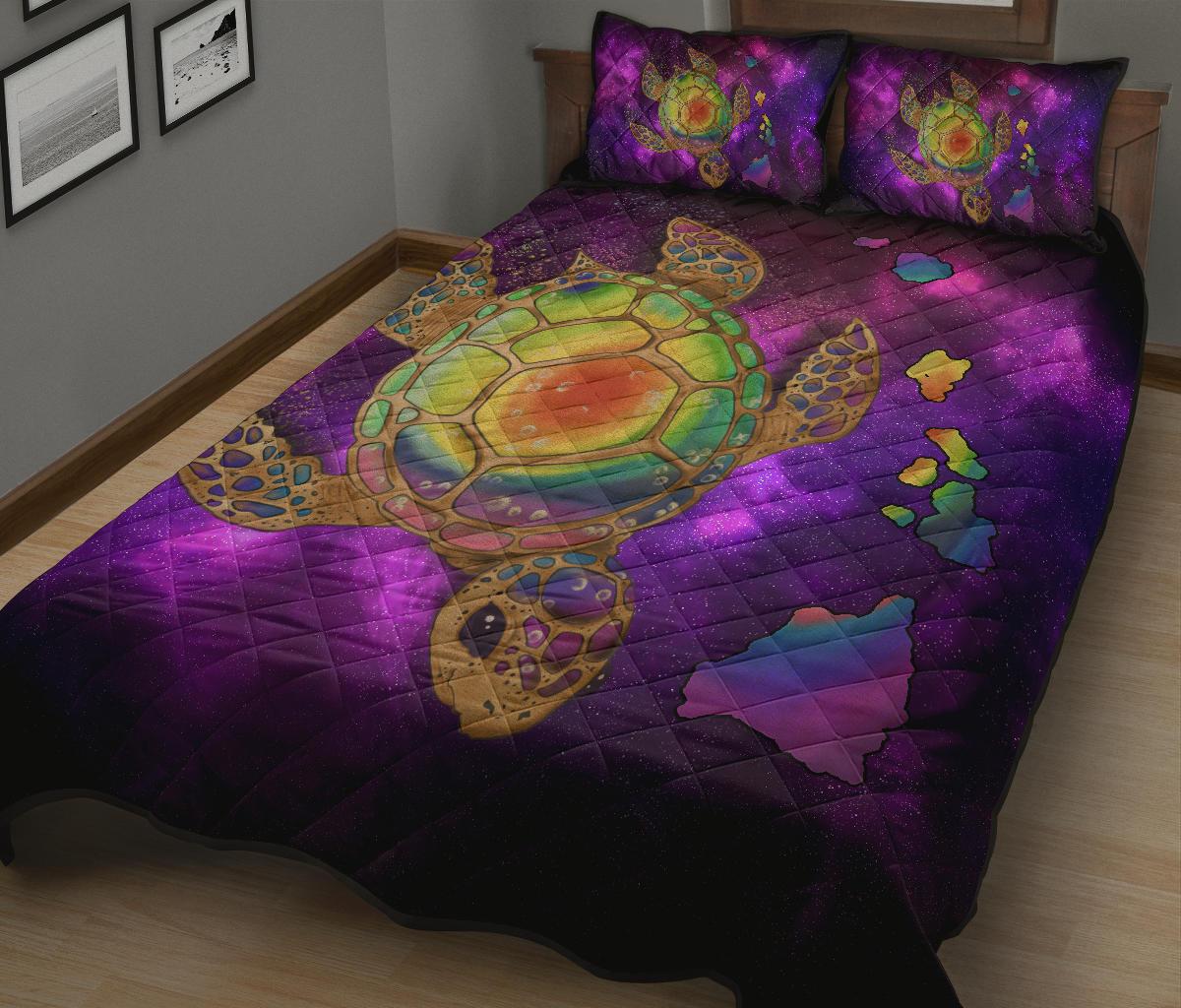 Hawaii Map Turtle Galaxy Quilt Bed Set - AH - Purple - Polynesian Pride