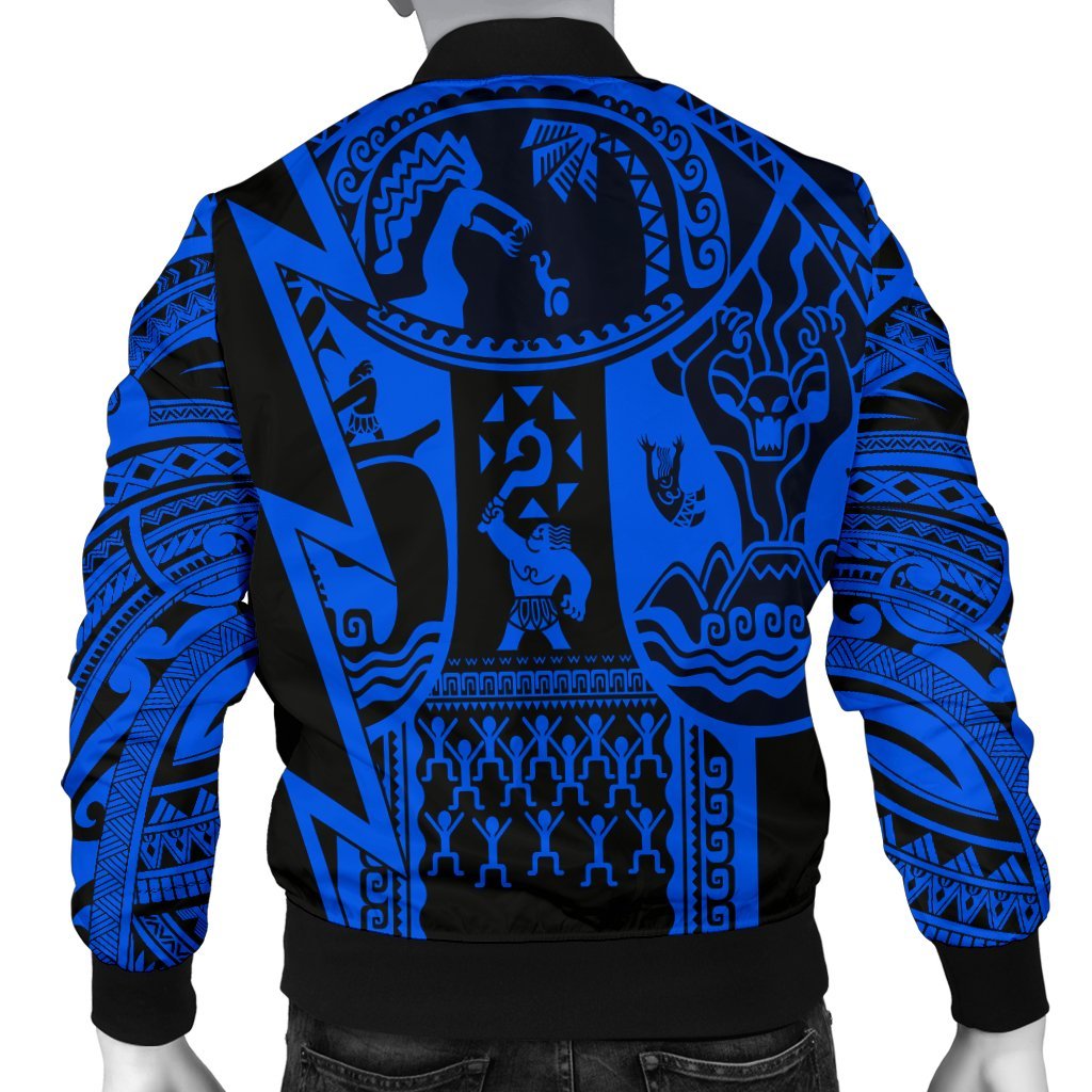 Polynesian Guinea Men's Bomber Jacket - Moana Maui Tattoo With Coat Of Arm Guinea Blue - Polynesian Pride