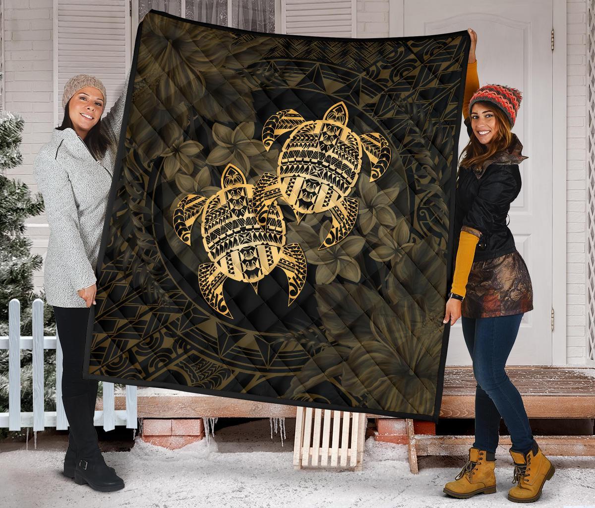 Hawaii Premium Quilt - Turtle Strong Pattern Hibiscus Plumeria Gold AH - Polynesian Pride